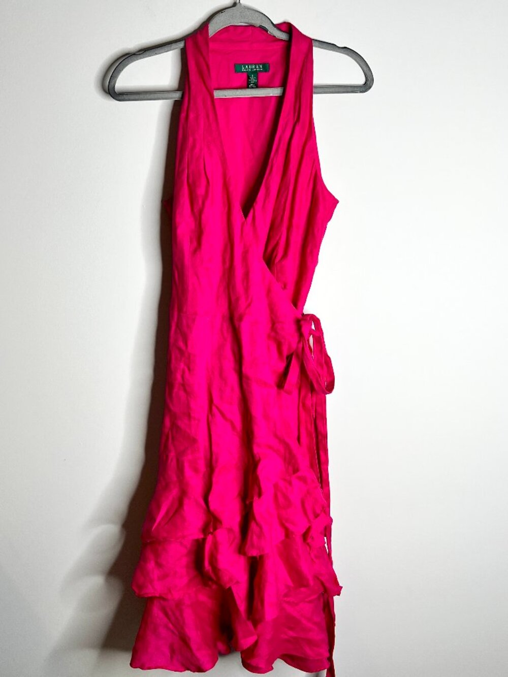 Lauren Ralph Lauren 100% Linen Hot Pink Halter Fit & Flare Dress Ruffle Hem Sz 8